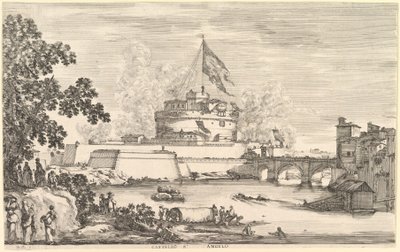 Näkymä Tiber-joelle, iso puu vasemmalla, kaksi naisryhmää vasemmalla..., n. 1656. tekijältä Stefano della Bella
