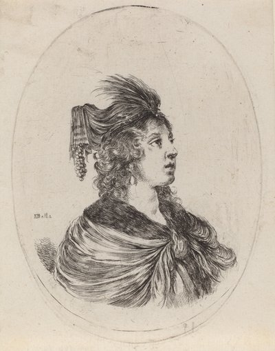 Nainen höyhenturbaanissa, käännetty oikealle, 16491650. tekijältä Stefano della Bella