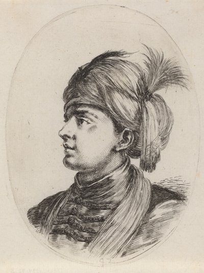 Nuori mauri höyhenturbaanissa, käännetty vasemmalle, 16491650. tekijältä Stefano della Bella
