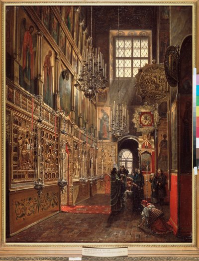Jumalanpalvelus Moskovan Kremlin Marian ilmestyksen katedraalissa - Stepan Mihailovich Shukhvostovin (1821-1908) maalaus, öljy kankaalle tekijältä Stepan Mikhailovich Shukhvostov