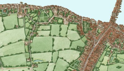 Bankside ja Southwark, Lontoo, noin 1600-25, 2021 (tussi ja akvarelli, digitaalinen) tekijältä Stephen Conlin