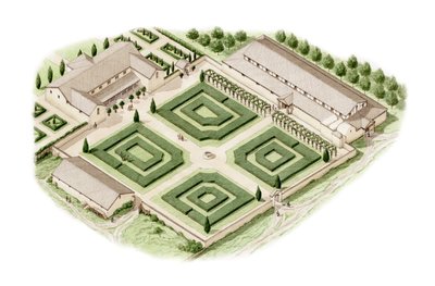 Brading Roman Villa, Isle of Wight (piirretty 2012), noin 350-400 (tussi ja akvarelli). tekijältä Stephen Conlin