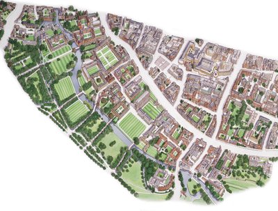 Cambridge Aerial View (piirretty 1996), n.1990-2005 (tussi ja akvarelli) (tussi ja akvarelli) tekijältä Stephen Conlin