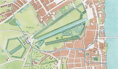 Tyburn-joen kulku Westminsterissä vuonna 1747 (tussi ja akvarelli). tekijältä Stephen Conlin