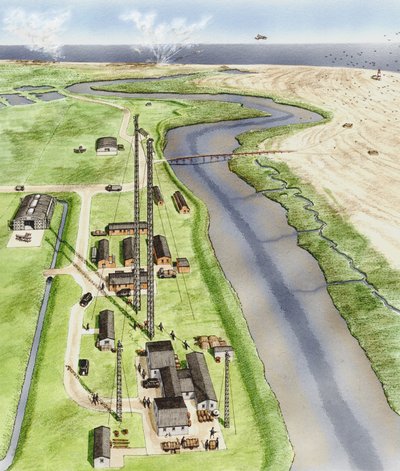 Orford Ness, Suffolk, n.1935-1945 (tussi, airbrush, vesiväri). tekijältä Stephen Conlin