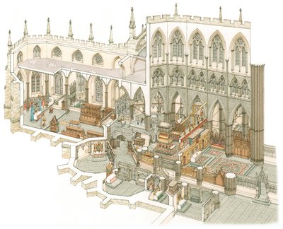 Westminster Abbeyn itäpääty vähän ennen uskonpuhdistusta, noin 1500-1525 (tussi ja akvarelli). tekijältä Stephen Conlin