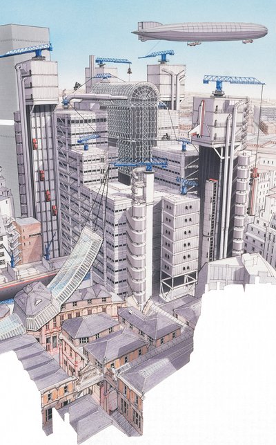 Lloyds Building, Lontoon kaupunki, noin 1987-1995 (tussi ja akvarelli). tekijältä Stephen Conlin