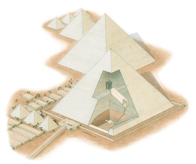 Gizan pyramidit, Egypti, n. 2560 eKr.-2200 eKr. (tussi, airbrush, vesiväri) tekijältä Stephen Conlin