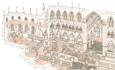 Westminster Abbeyn kappeli kuningas Henrik IV:n kruunajaisten aikaan vuonna 1399, 2023 (tussi ja akvarelli). tekijältä Stephen Conlin