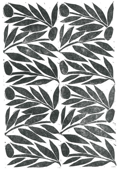 Oliivin oksat, 2015 (linoleikkaus paperille) tekijältä Stephen Dow