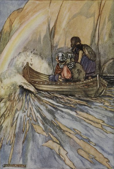 "Kanna meidät nopeasti, Mananan-vene, Hesperides-puutarhaan, kuva T.W. Rolleston (väri litho) tekijältä Stephen Reid
