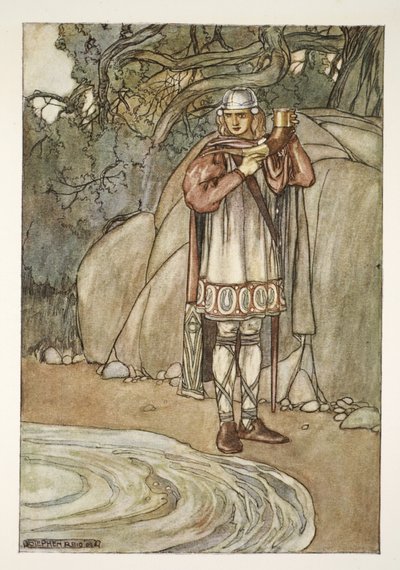 Dermot otti sarven ja olisi täyttänyt sen, esimerkki T.W. Rolleston (väri litho) tekijältä Stephen Reid