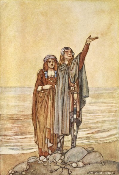 "Seuraa minua nyt Allenin kukkulalle", kuvitus teoksesta "The High Deeds of Finn, and other Bardic Romances of Ancient Ireland", kirjoittanut T.W. Rolleston (väri litho) tekijältä Stephen Reid