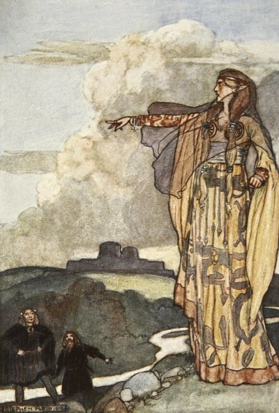 Macha kiroaa Ulsterin miehiä, kuvitus Eleanor Hullin (1860-1935) teoksesta "Cuchulain, The Hound of Ulster" tekijältä Stephen Reid