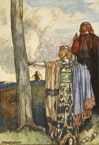 Kuningatar Maeve tapaa Cuchulainin, kuvitus Eleanor Hullin (1860-1935) teoksesta "Cuchulain, The Hound of Ulster" tekijältä Stephen Reid