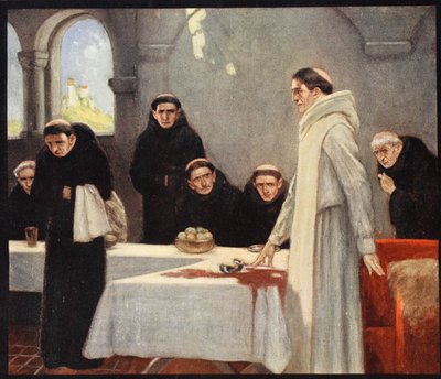 Saint Benedict and the Monks, kuvitus teoksesta "Helmet & Cowl: Stories of Monastic and Military Orders" W.M. Letts ja M.F.S. Letts tekijältä Stephen Reid