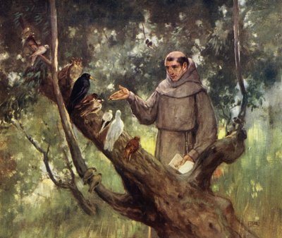 Pyhä Franciscus saarnaa linnuille (värilitho) tekijältä Stephen Reid