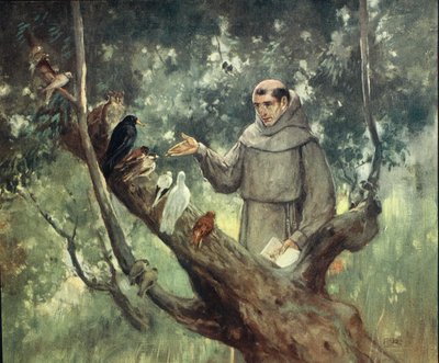 Pyhä Franciscus saarnaa linnuille, kuvitus teoksesta "Helmet & Cowl: Stories of Monastic and Military Orders" W.M. Letts ja M.F.S. Letts tekijältä Stephen Reid