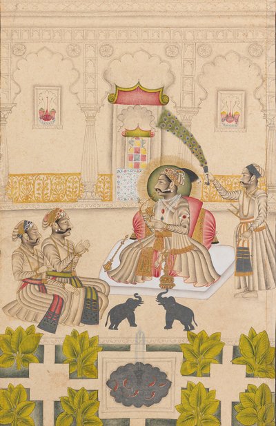 Maharana Amar Singh II on esillä kaksi hopeaelefanttia, n. 1705. tekijältä Stipple Master
