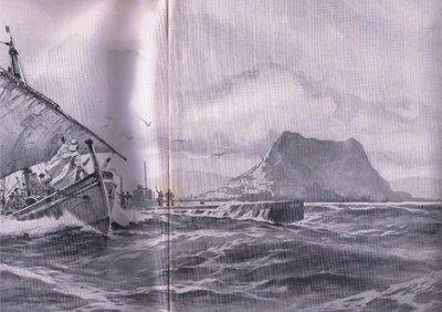 Saksalainen sukellusvene matkalla Gibralterin salmien läpi matkalla Dardenelleille, Pubista The Illustrated History of the World War 1914-1915. kirjoittanut Union Berlagsefellfchaft tekijältä Willy Stoewer 