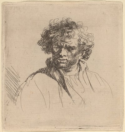 Kiharapäinen mies, jolla on kihara suu tekijältä Studio of Rembrandt van Rijn