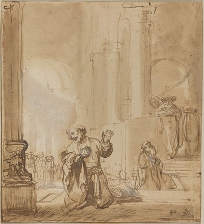 Vertaus Publikaanista ja fariseuksesta tekijältä Studio of Rembrandt van Rijn