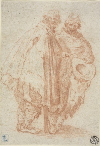 Kaksi parrakasta miestä rääsyisissä viitoissa tekijältä Style of Jacques Callot