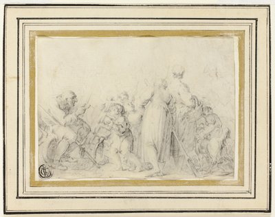 Genre-kohtaus, jossa on vanha mies, talonpoikaisnaisia ja lapsia tekijältä Style of Jean Baptiste Greuze