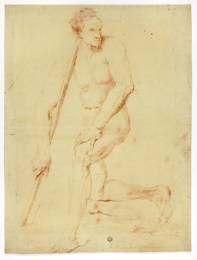 Akateeminen mies alasti nojaamassa henkilökuntaan tekijältä Style of Pompeo Girolamo Batoni