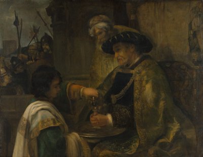 Pilatus pesee kätensä, luultavasti 1660-luku. tekijältä Style of Rembrandt