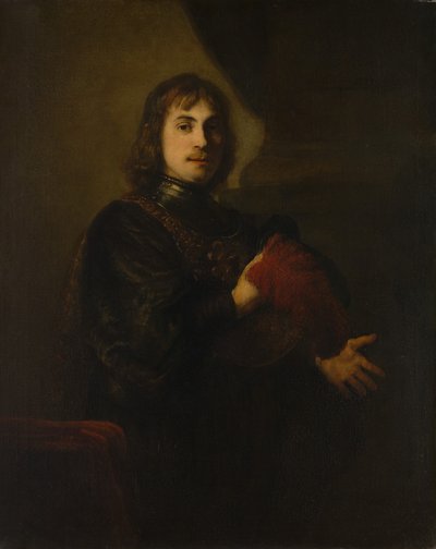 Muotokuva miehestä, jolla on rintakilpi ja hattu. tekijältä Style of Rembrandt