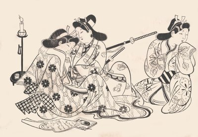Samurai ja kurtisaani istuvat, palvelija heidän vieressään, n. 1685, n. 1685. tekijältä Sugimura Jihei