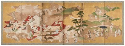 Piknikretkeily kirsikankukkien alla ja
Boating on the River, 1700-luvun puoliväli (Kuusiruutuinen kuvaruutupari; tussi, väri ja kulta).
paperille) tekijältä Sukenobu Nishikawa