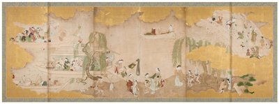 Piknikretkeily kirsikankukkien alla ja
Boating on the River, 1700-luvun puoliväli (Kuusiruutuinen kuvaruutupari; tussi, väri ja kulta).
paperille) tekijältä Sukenobu Nishikawa