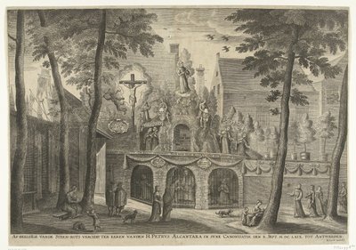 Antwerpeniin pystytetty tähti, kun Pietari Alcantara julistettiin pyhäksi vuonna 1669 Kuvaus kivikalliosta Pyhän Pietarin Alcantaran kunniaksi kanonisaatiossa X. syyskuuta. MDCLXIX Antwerpeniin (otsikko esineessä) tekijältä Susanna Verbruggen (possibly)