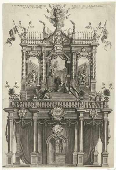 Riemuportti pystytettiin Antwerpeniin Alcantaran Pietarin kanonisoinnin yhteydessä vuonna 1669 Triumphus Canonizationis S. Petri de Alcantara Ord. F.F. Minorum Antverp. 16. syyskuuta 1669 (otsikko esineessä) tekijältä Susanna Verbruggen (signed by artist)