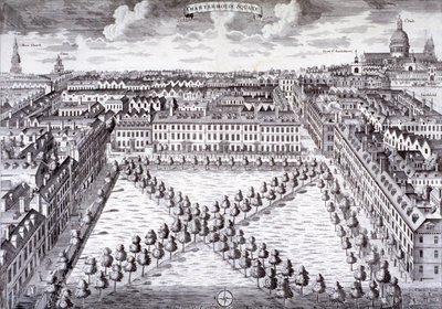 Lintuperspektiivistä Charterhouse Square, Finsbury, Lontoo, c1750 tekijältä Sutton Nicholls