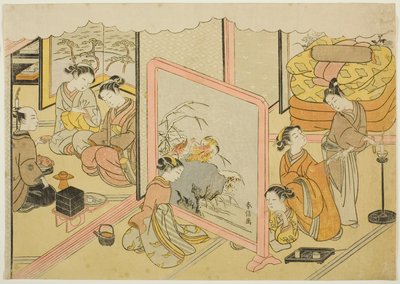 Kuppi sakea ennen nukkumaanmenoa (Toko sakazuki), kuudes arkki sarjasta "Avioliitto brokadiprinteissä, hyveellisen naisen kuljetus (Konrei nishiki misao-guruma)" tekijältä Suzuki Harunobu
