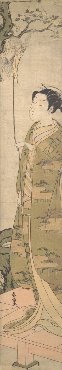 Nainen leikkii apinan kanssa, joka on kiivennyt puuhun, n. 1770, n. 1770. tekijältä Suzuki Harunobu