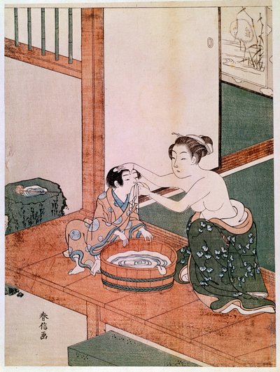 Alaston äiti pesemässä lastaan Japanissa lähellä vedellä täytettyä altaan. Haronobu Suzukin vedokset (1725-1770). 1766-1768. Himmeä. 0,27x0,201 m. Pariisi, Guimetin museo, Aasian taiteen kansallinen museo tekijältä Suzuki Harunobu