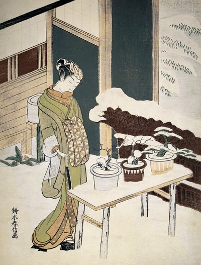 Nuori nainen ihailee bonzai-ansa lumisella terassilla. 1700-luku (painokuva) tekijältä Suzuki Harunobu