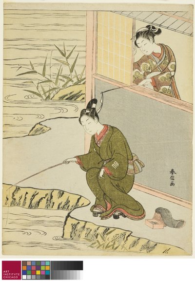 Kauneus kiusaa nuorta miestä kalastamassa, c. 1768 tekijältä Suzuki Harunobu