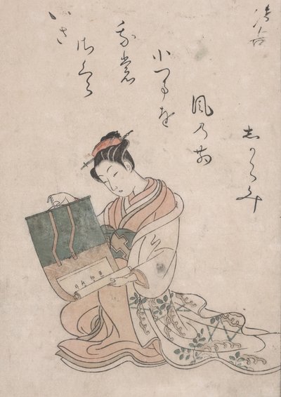 Beauty Unrolling Scroll, n. 1770 (värillinen puupiirros japanilaiselle paperille) tekijältä Suzuki Harunobu