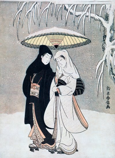 Crow and Heron, eli Nuoret rakastavaiset kävelevät yhdessä sateenvarjon alla lumimyrskyssä, c1769. tekijältä Suzuki Harunobu