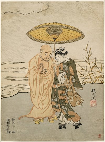 Daruma ja nuori nainen sateessa tekijältä Suzuki Harunobu