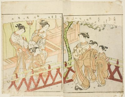 Kaksisivuinen kuvitus osasta Vol. 2 "Kevään brokaatien kuvakirja (Ehon haru no nishiki)" tekijältä Suzuki Harunobu