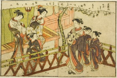 Kaksisivuinen kuvitus osasta Vol. 2 "Kevään brokaatien kuvakirja (Ehon haru no nishiki)" tekijältä Suzuki Harunobu