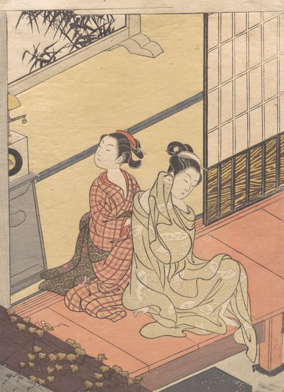 Kellon iltakello Tokei no bansho, sarjasta "Eight Parlor Views" Za..., ca. 1766. tekijältä Suzuki Harunobu