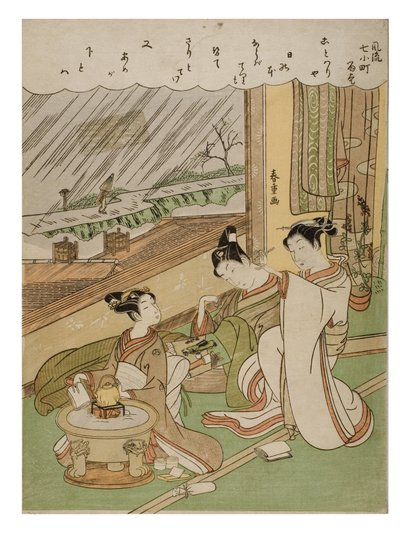 Muodikas 7 Komachis -Komachi Amagoi, n. 1772-1773 (puupainatus paperille) tekijältä Suzuki Harunobu