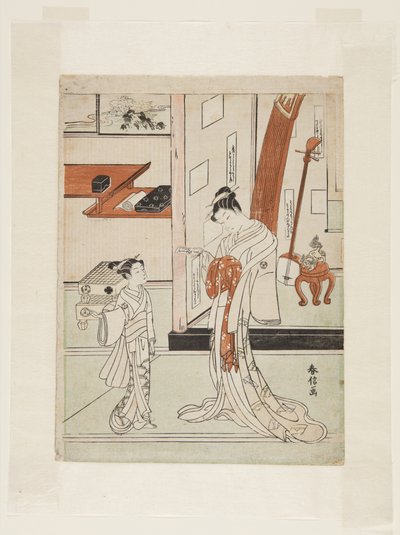 Geisha ja Attendant (värillinen puupalikkaprintti) tekijältä Suzuki Harunobu